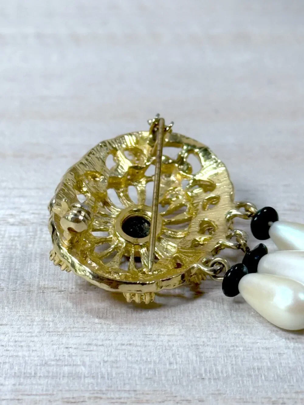 Vintage Gold Tone Filigree Brooch Faux Pearl Drops